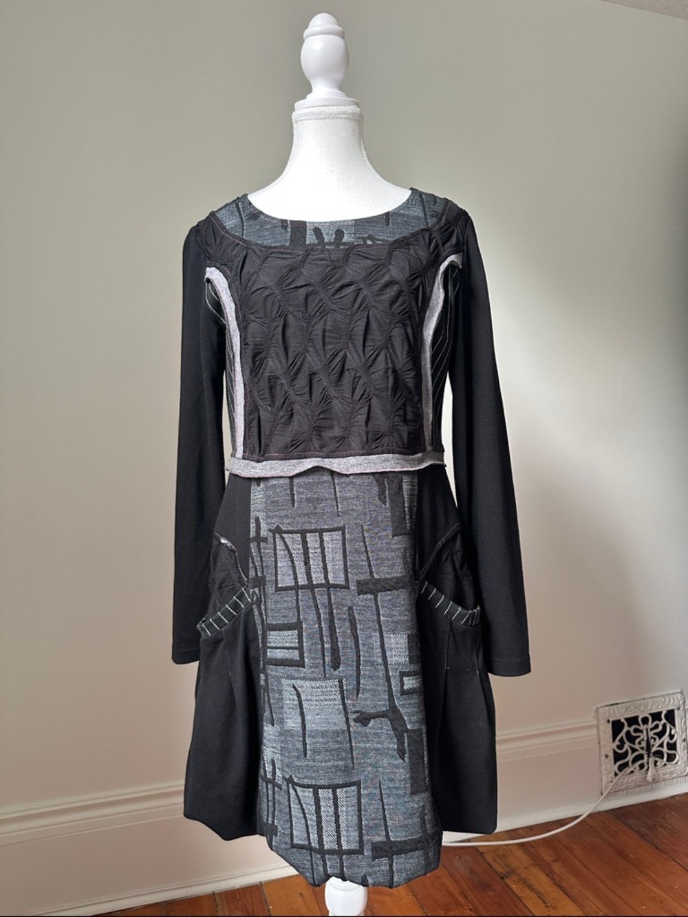 PAOLO‎ TRICOT Black Mix Print Lagenlook Boho Gothic Long Sleeve Dress Small
